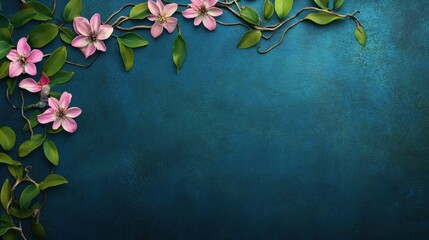A textured blue background adorned with delicate pink flowers and green leaves, creating a serene, floral frame.