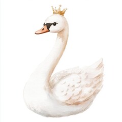 A graceful white swan wearing a golden crown, depicted in a soft and whimsical watercolor style.