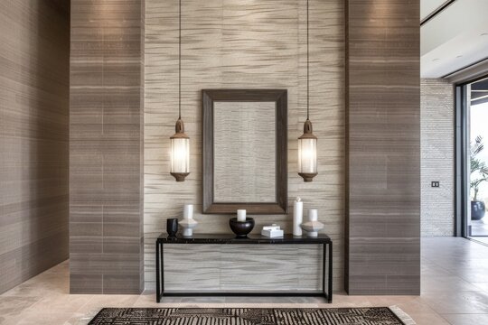 Eclectic modern hallway with textured walls, framed mirror, and stylish console table