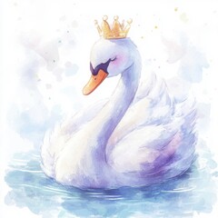 A graceful white swan wearing a small crown floats serenely on calm blue water, surrounded by soft, pastel colors.