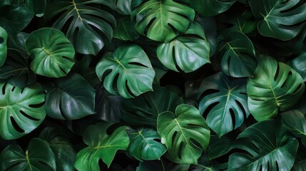 Wax Plant A lush arrangement of deep green monstera leaves, showcasing varied shapes and textures against a dark background.