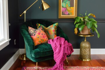Eclectic living room corner with green velvet chair, colorful cushions, and brass lamp