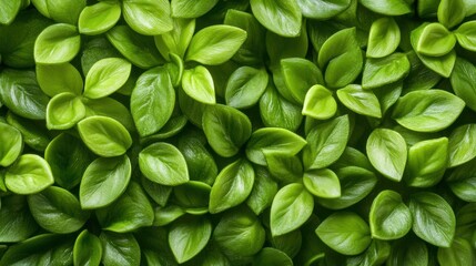 A dense arrangement of vibrant green leaves, showcasing various shapes and sizes, creating a lush natural backdrop.