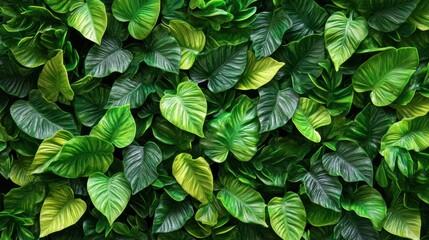 A lush arrangement of various green leaves creating a vibrant, textured backdrop with shades ranging from deep to light green.