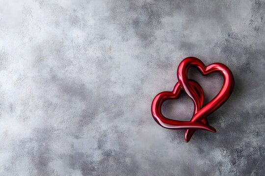 two shiny, metallic red hearts are intertwined on a soft gray abstract backdrop with subtle gradient textures. love, valentine banner, valentine’s day