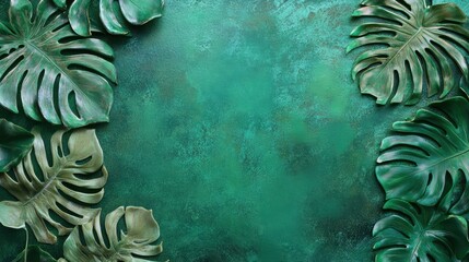 Textured green background framed by vibrant Monstera leaves, creating a fresh, nature-inspired atmosphere.