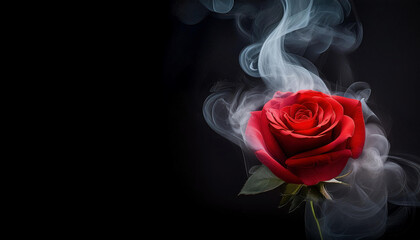 A single red rose is enveloped in a swirling cloud of smoke against a black background. copy space
