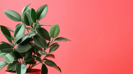 A lush green potted plant with shiny leaves against a bright coral pink background.