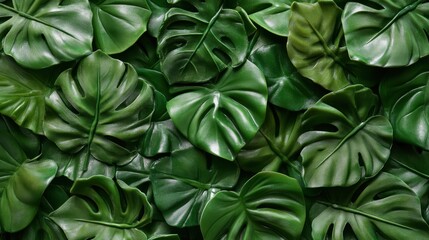 A lush arrangement of vibrant green monstera leaves, showcasing various shapes and textures against a dark background.