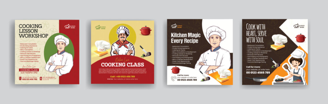 online cooking class and chef hiring social media post, banner, ads or square flyer template with chef character illustration poster design
