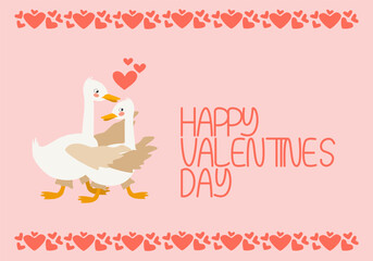 Cartoon geese in love hugging on pink background. Vector pink horizontal background with happy valentines day lettering for design cards, banners, invitations
