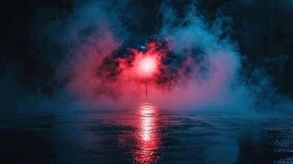 Wet asphalt glimmers with neon light reflections, revealing an empty street shrouded in smoke and illuminated by a searchlight at night