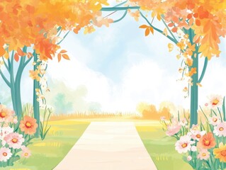Autumnal Pathway with Vibrant Trees and Blossoming Flowers: Serene Seasonal Landscape