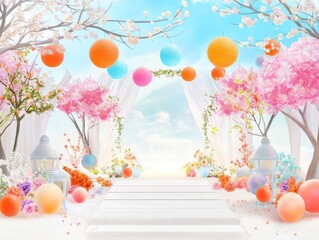 A vibrant pathway adorned with pink trees, colorful balloons, and decorative elements, leading to a bright, sky-blue horizon.