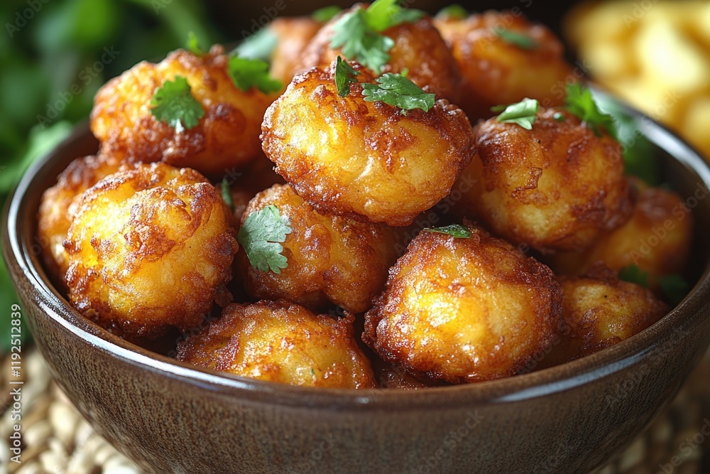 Poster a warm and crispy serving of fried tater tots in a brown bowl, perfect for snacking or as part of a 