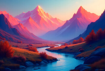 Colorful a mountainous landscape the background have a stylized abstract shape with warm ai generated