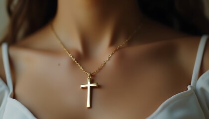 Golden Christian cross worn as a necklace by a young woman