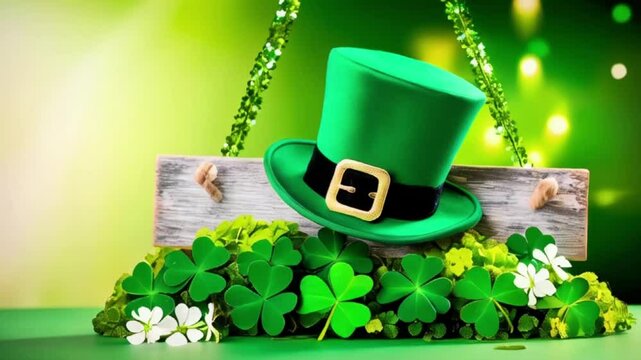 A green leprechaun hat hanging on a wooden sign surrounded by lush green clovers and shamrocks, 17th March St. Patrick's Day, Happy St. Patrick's Day Card, Irish holiday, generative ai