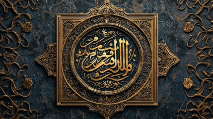 A minimalist background featuring Arabic calligraphy and intricate golden patterns
