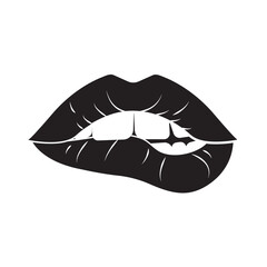 Woman beautiful lips, bite bottom lip in black and white in silhouette style, female sexy lips, isolated on white background for icons, logo, kiss, stickers