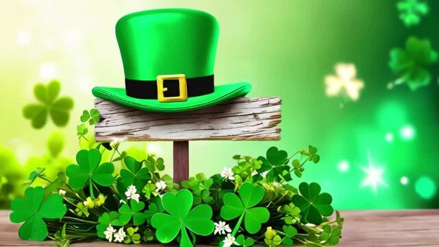 A green leprechaun hat hanging on a wooden sign surrounded by lush green clovers and shamrocks, 17th March St. Patrick's Day, Happy St. Patrick's Day Card, Irish holiday, generative ai