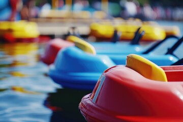Row of pedal boats floating on peaceful lake or river, great for travel and outdoor themes