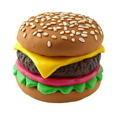 Realistic Play-Dough Hamburger with Sesame Seed Bun and Colorful Toppings on Transparent Background