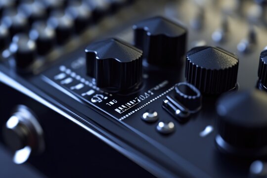 Close-up shot of guitar knobs and controls, ideal for music-themed designs
