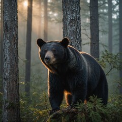 Fototapeta premium A black bear climbing a tree in a misty forest during sunrise.