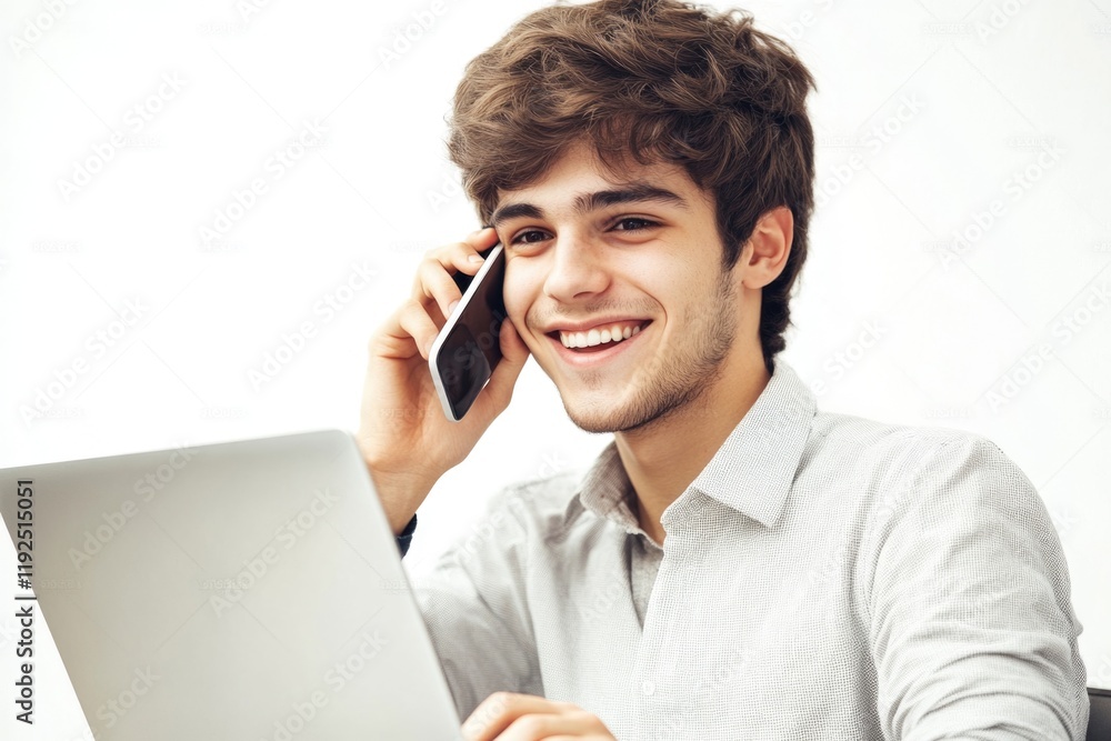 Poster a person sits at a desk with a laptop and makes a phone call while using their cell phone