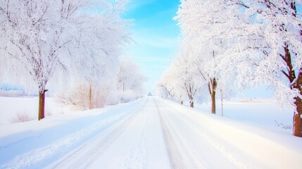 Obraz premium A snow-covered road winds through frost-laden trees under a bright blue sky, capturing a serene winter landscape filled with stillness, clarity, and crisp natural beauty. 