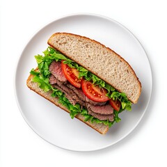A mouthwatering roast beef sandwich displayed on a plain white background.