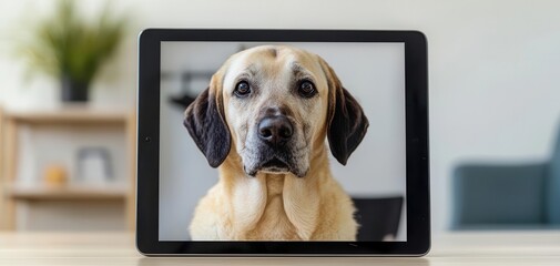 virtual pet visits concept. A serene scene of a pet owner consulting a vet via a tablet about their dog s health data from a smart monitor, pet health monitoring, remote care tools