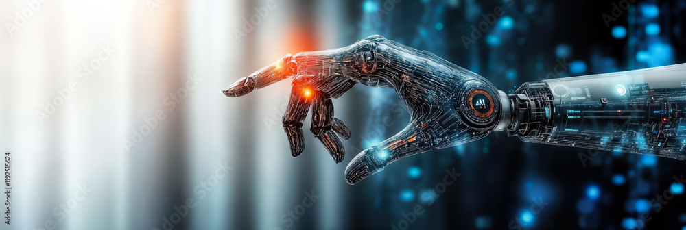 Poster human and robot hand reaching towards machine learning interface in futuristic ai network