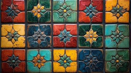 Decorative ceramic tiles with intricate floral patterns in vibrant colors on display