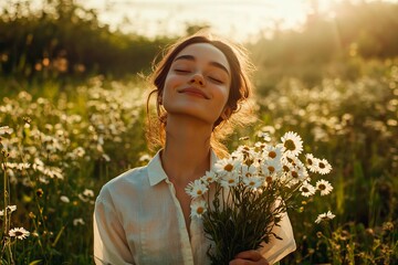 Naklejka premium Beautiful woman with her eyes closed enjoying a morning in the countryside with a bouquet of daisies in her hands