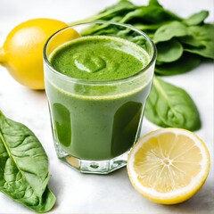 Green spinach smoothie with lemon. Detox, healthy diet. Vegetable drink.
