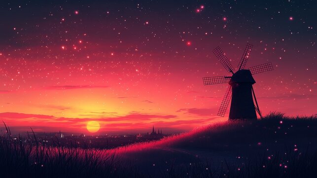 Dusk Serenity Windmill on a Hill, minimalist flat design capturing tranquility and simplicity in a serene evening landscape.