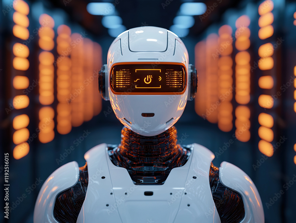 Poster futuristic humanoid robot with illuminated interface in high tech server room