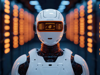 futuristic humanoid robot with illuminated interface in high tech server room