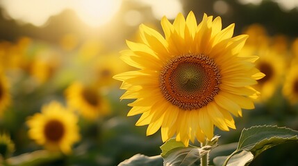 Fototapeta premium Golden sunflowers at sunset, field, nature