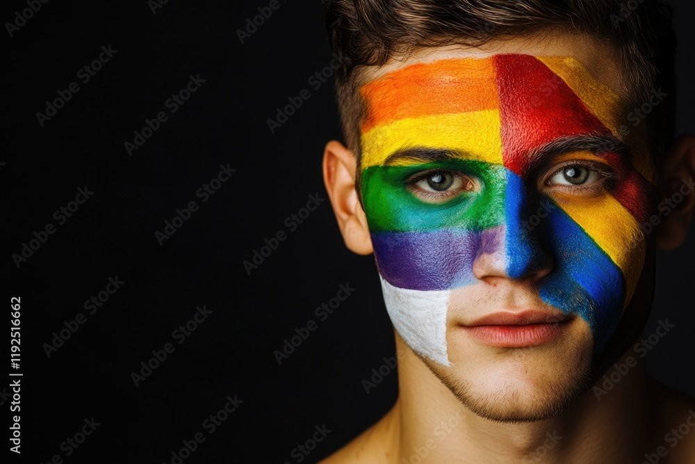 Poster portrait of a person with colorful rainbow design on their face, great for creative projects and exp
