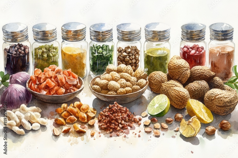 Poster a colorful display of various nuts and vegetables arranged together