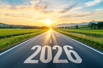 A road to the future, a straight, empty asphalt or tarmac highway with the text "2026" and a beautiful landscape at sunrise.