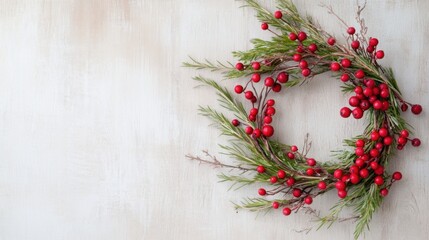 Festive wreath of fresh green foliage and bright red berries hangs on a light textured backdrop, radiating holiday cheer with a warm, inviting, and classic Christmas feel. 