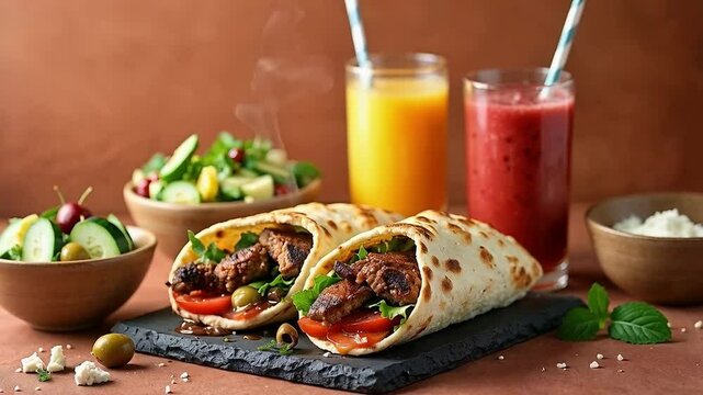Shawarma de carne con ensalada fresca y jugos naturales
