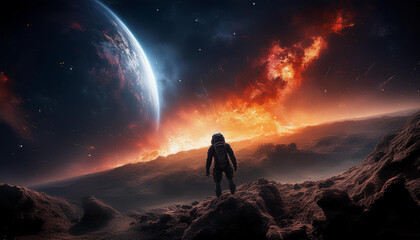 Fototapeta premium Astronaut in suit, back view, observing cosmic Armageddon and planet destruction. Dark dramatic scene