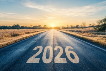 A road to the future, a straight, empty asphalt or tarmac highway with the text "2026" and a beautiful landscape at sunrise.