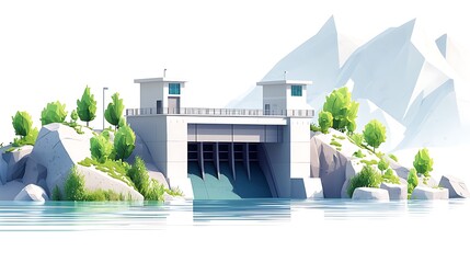 Stylized Illustration of a Hydroelectric Dam Nestled in a Mountainous Landscape.