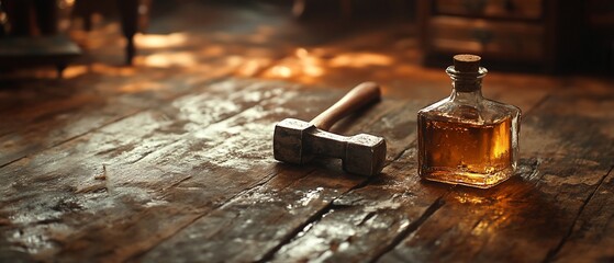 Hammer, bottle, wooden table, workshop. Craft concept